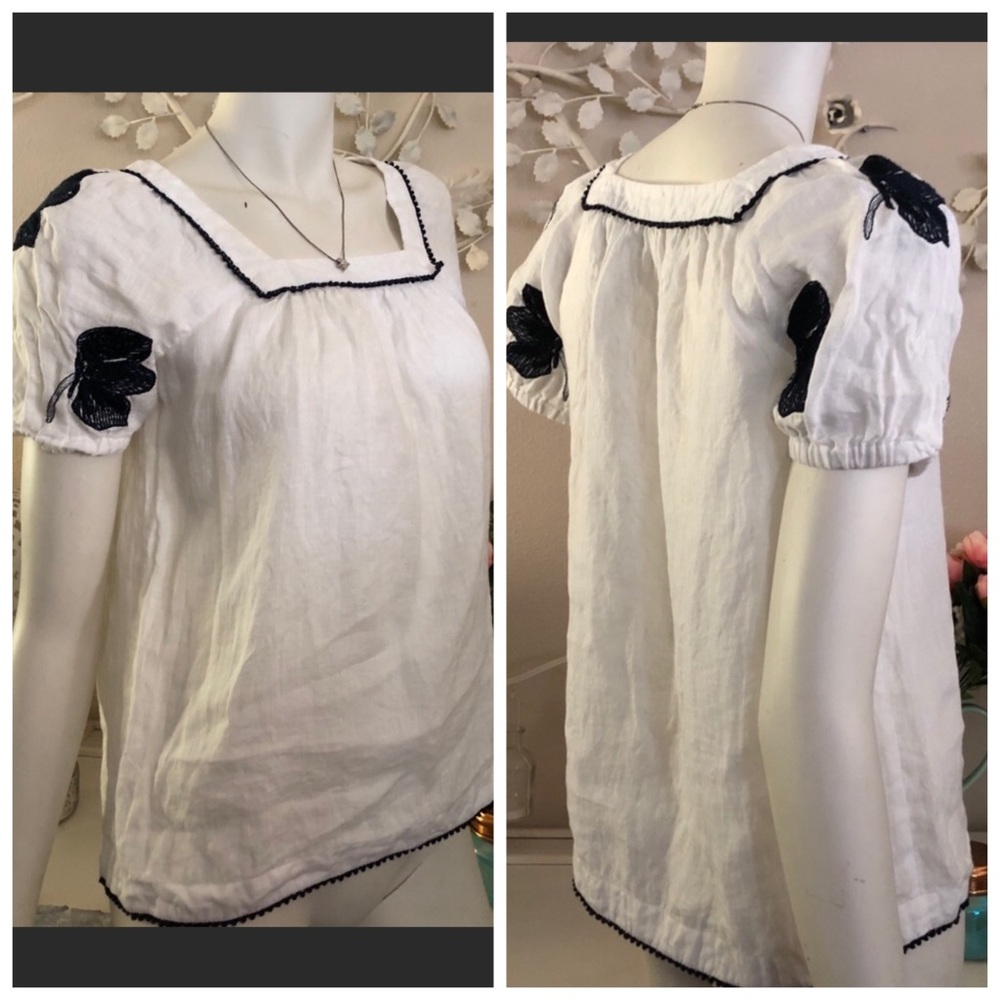 J Crew Embroidered Tunic Top Blue White